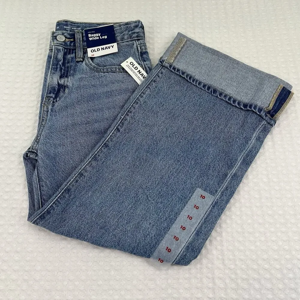 Old Navy Girls 10 High Rise Baggy Wide Leg Jeans NWT Cuffed Blue Denim